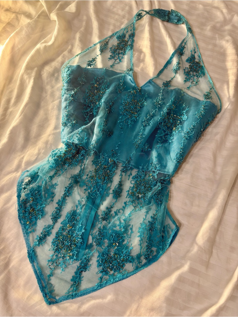 Insane Sheer Intractly Beaded Turquoise Lace Embroidered Euro Halter Top